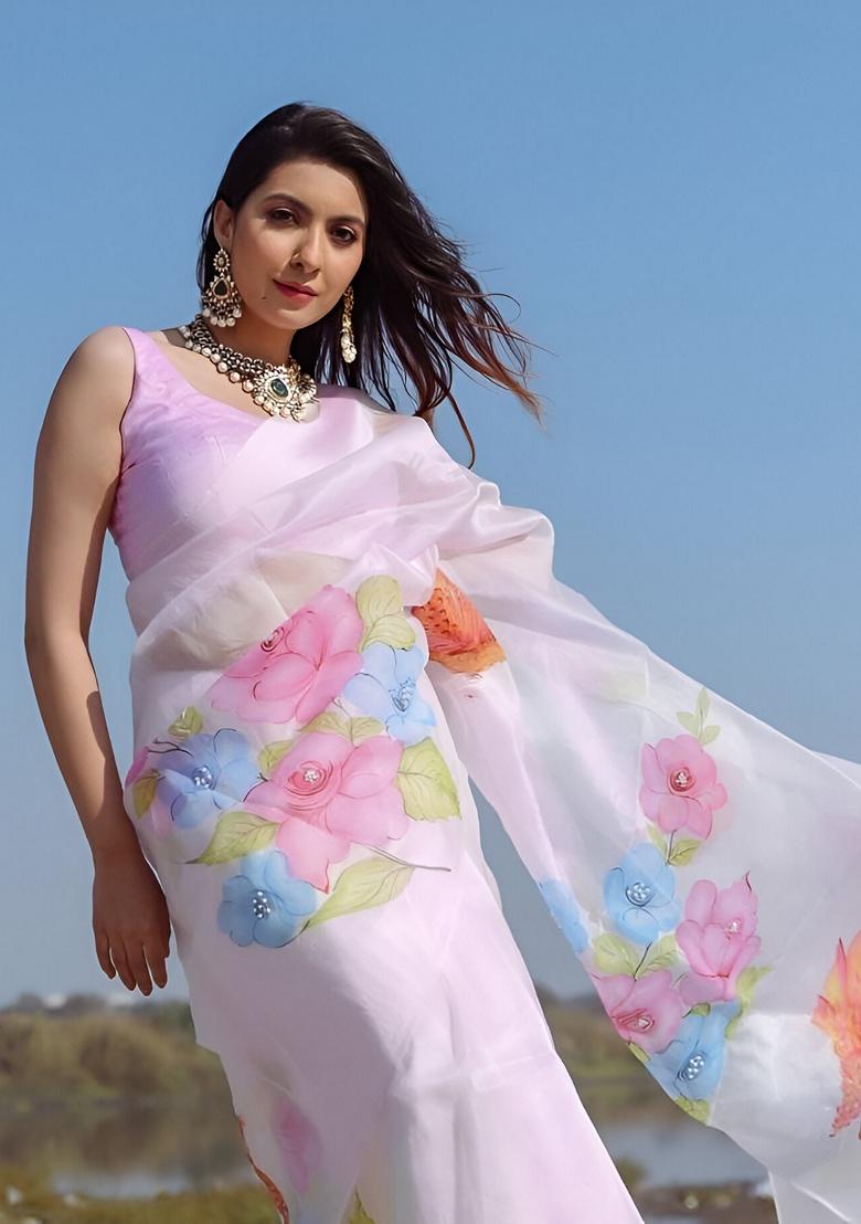 Pink Machine Embroidered Organza Silk Saree Set