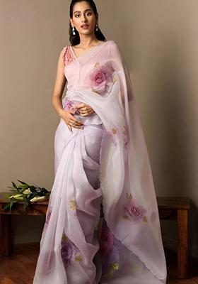 Pink Machine Embroidered Organza Silk Saree Set
