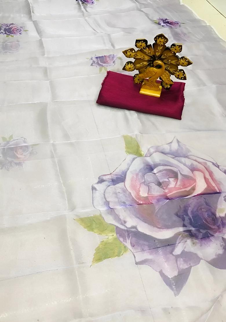 Pink Machine Embroidered Organza Silk Saree Set