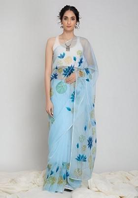 Sky Blue Machine Embroidered Organza Silk Saree Set