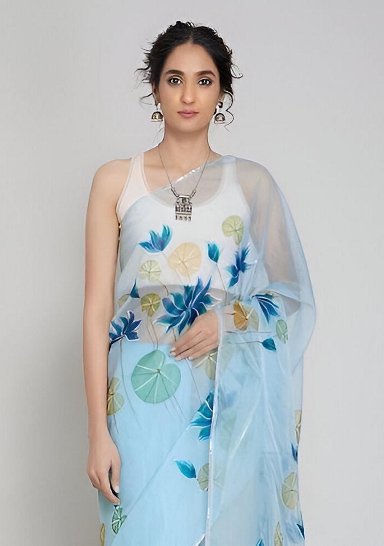 Sky Blue Machine Embroidered Organza Silk Saree Set