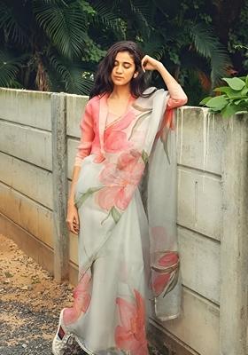 Grey Machine Embroidered Organza Silk Saree Set