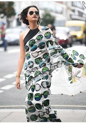 White Machine Embroidered Organza Silk Saree Set