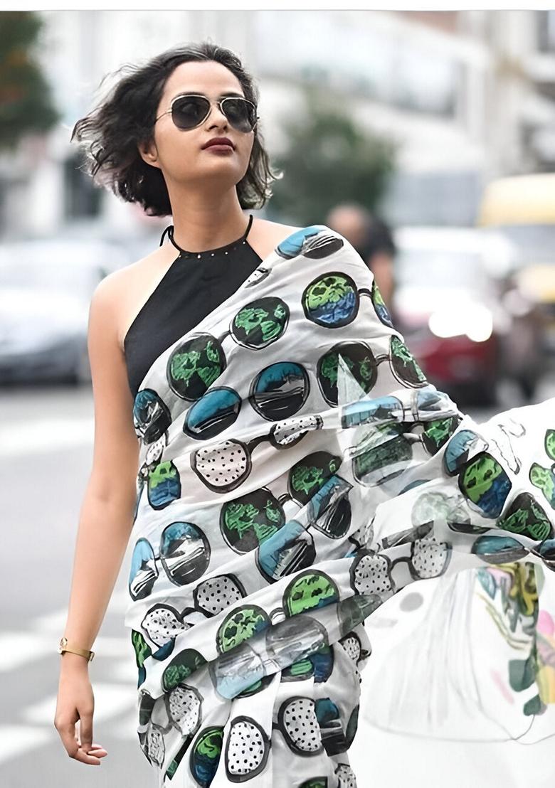 White Machine Embroidered Organza Silk Saree Set