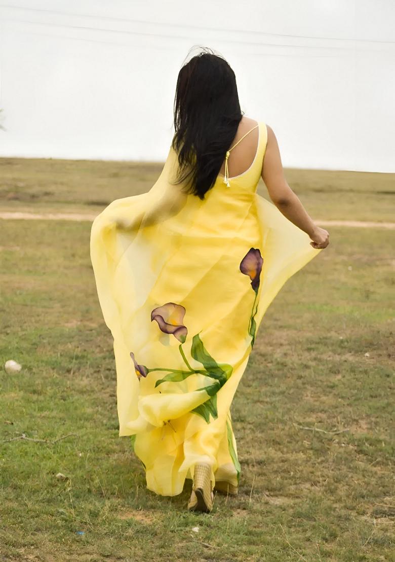 White Machine Embroidered Organza Silk Saree Set