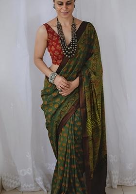 Green Machine Embroidered Chanderi Cotton Saree Set