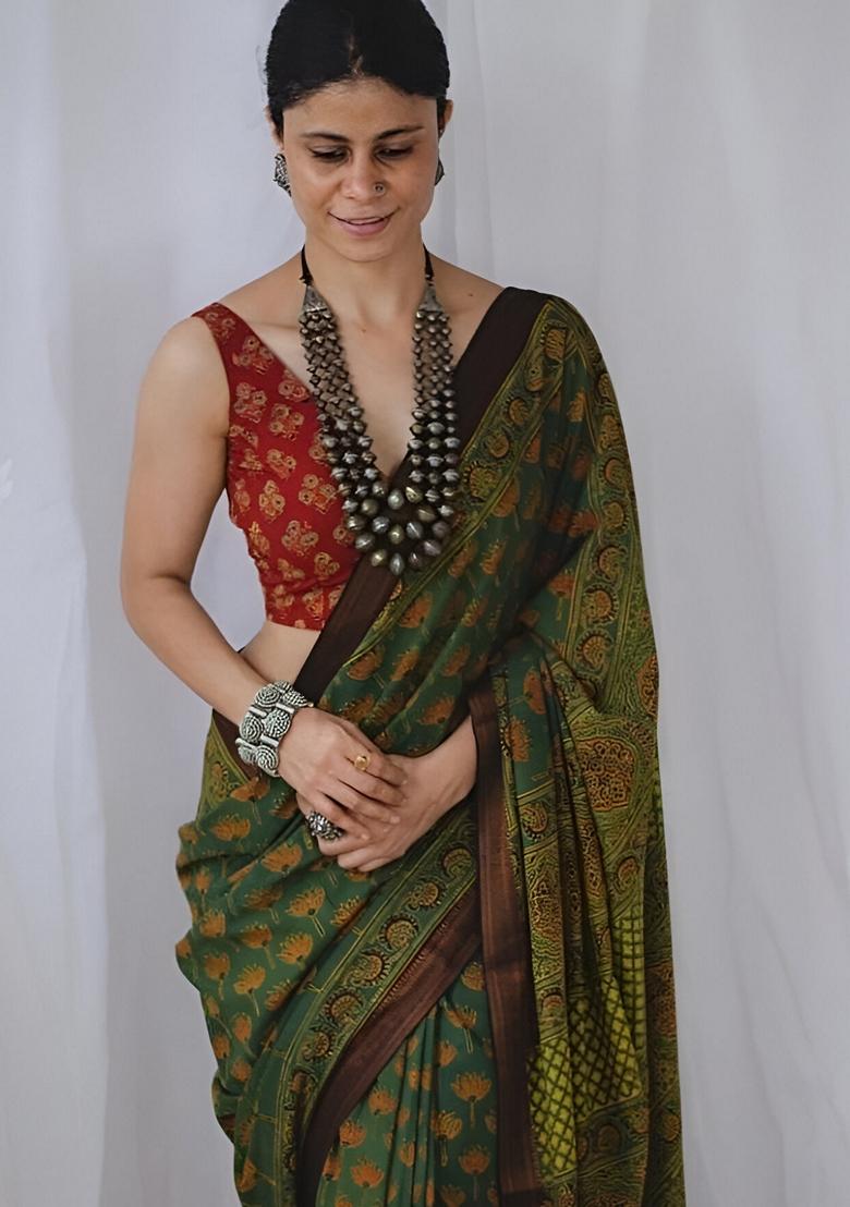 Green Machine Embroidered Chanderi Cotton Saree Set