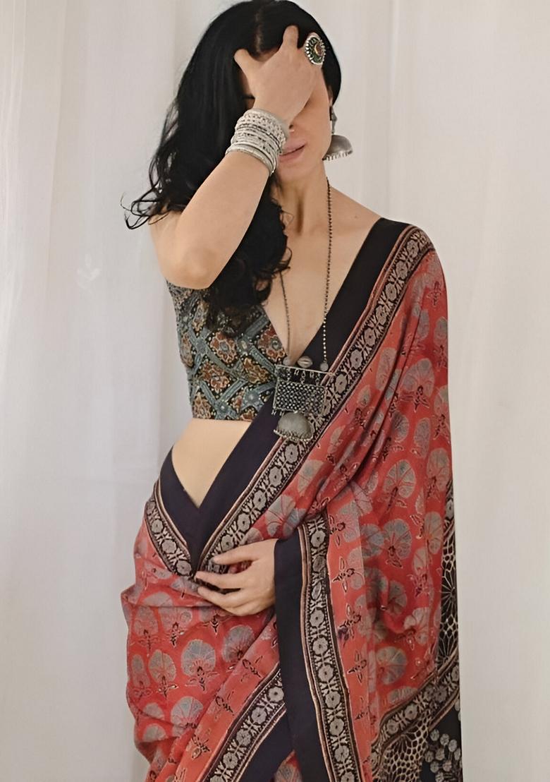 Multicolor Machine Embroidered Chanderi Cotton Saree Set