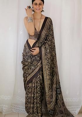 Black Machine Embroidered Chanderi Cotton Saree Set