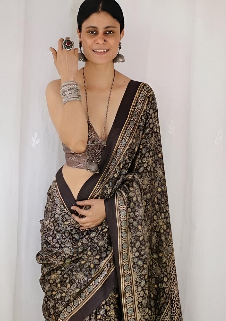 Black Machine Embroidered Chanderi Cotton Saree Set