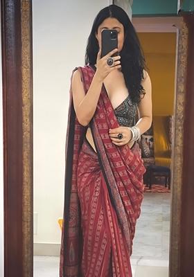 Red Machine Embroidered Chanderi Cotton Saree Set