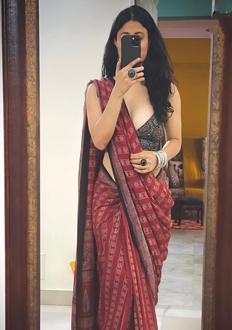 Red Machine Embroidered Chanderi Cotton Saree Set