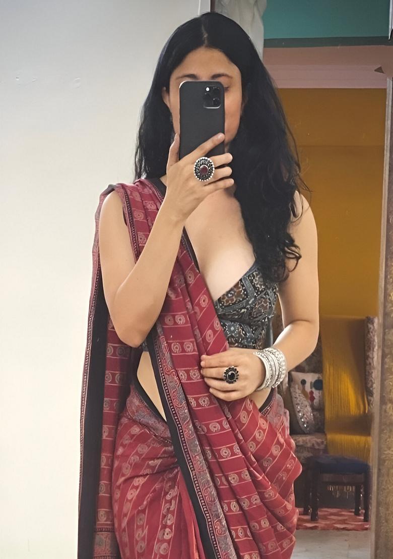 Red Machine Embroidered Chanderi Cotton Saree Set