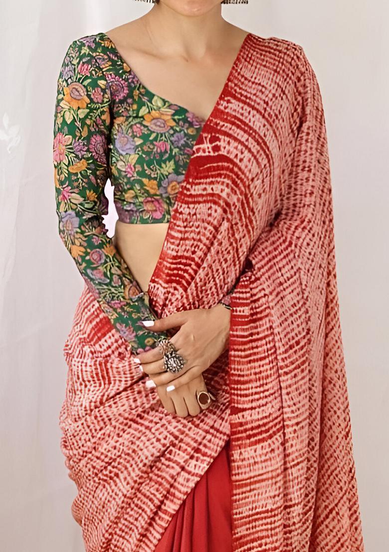 Multicolor Machine Embroidered Chanderi Cotton Saree Set