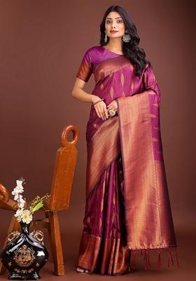 Purple Zari Embroidered Banarasi Silk Saree Set