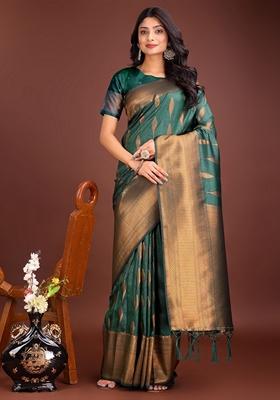 Green Zari Embroidered Banarasi Silk Saree Set