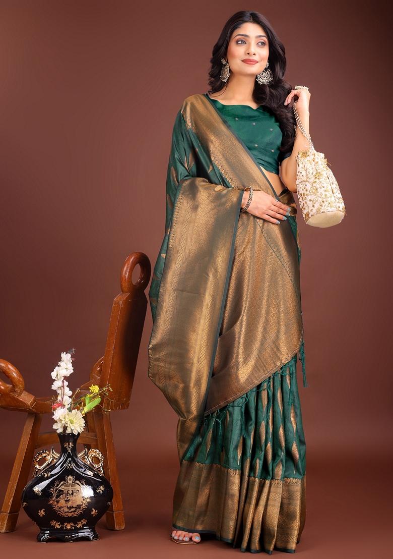 Green Zari Embroidered Banarasi Silk Saree Set