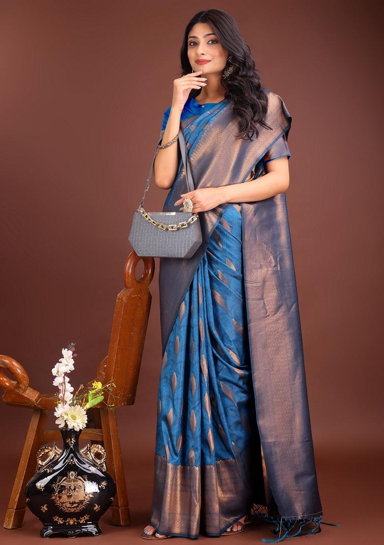 Sky Blue Zari Embroidered Banarasi Silk Saree Set
