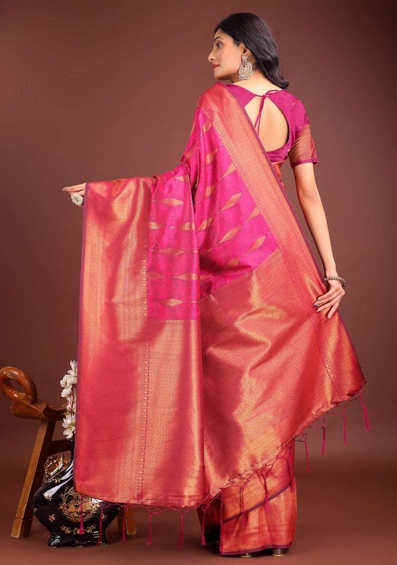 Magenta Zari Embroidered Banarasi Silk Saree Set