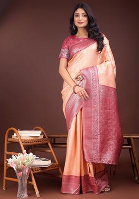 Pink Zari Work Lichi Silk Saree Set