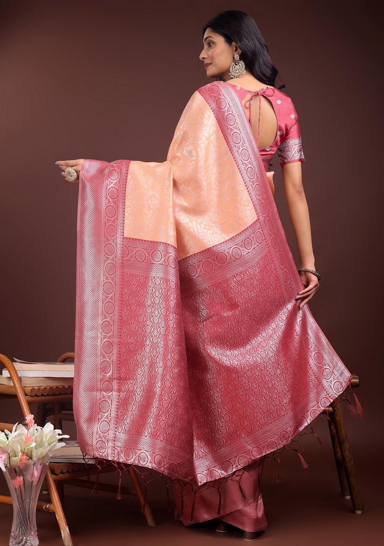 Pink Zari Work Lichi Silk Saree Set