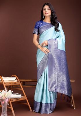 Teal Blue Zari Work Lichi Silk Saree Set