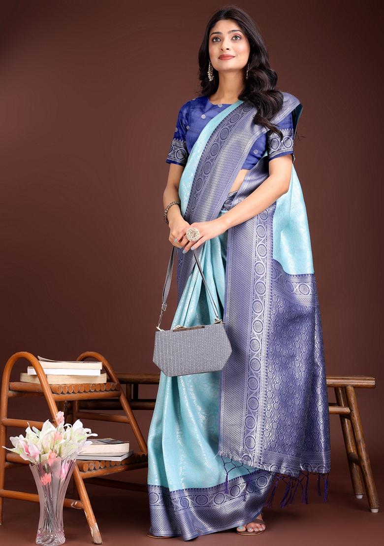 Teal Blue Zari Work Lichi Silk Saree Set
