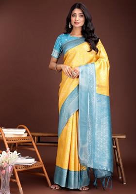 Yellow Zari Work Lichi Silk Saree Set