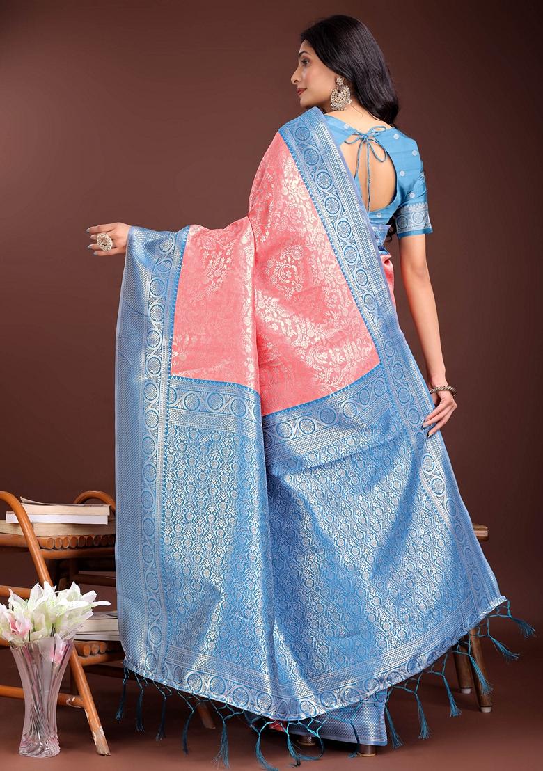 Peach Zari Work Lichi Silk Saree Set