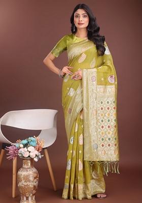 Mustard Yellow Zari Work Linen Cotton Saree Set
