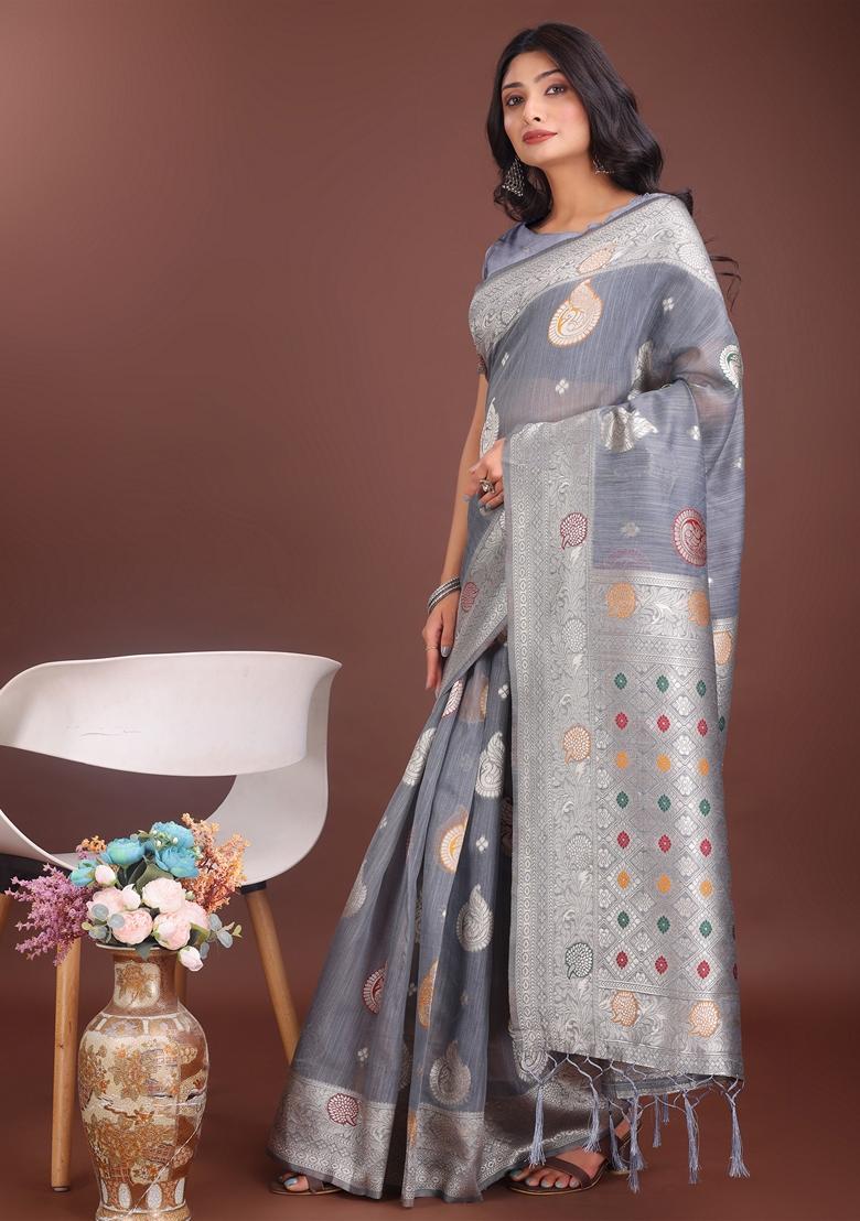 Grey Zari Work Linen Cotton Saree Set
