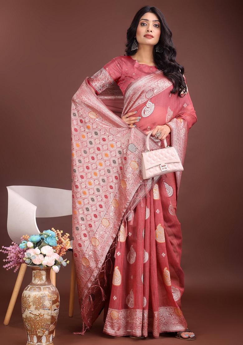 Pink Zari Work Linen Cotton Saree Set