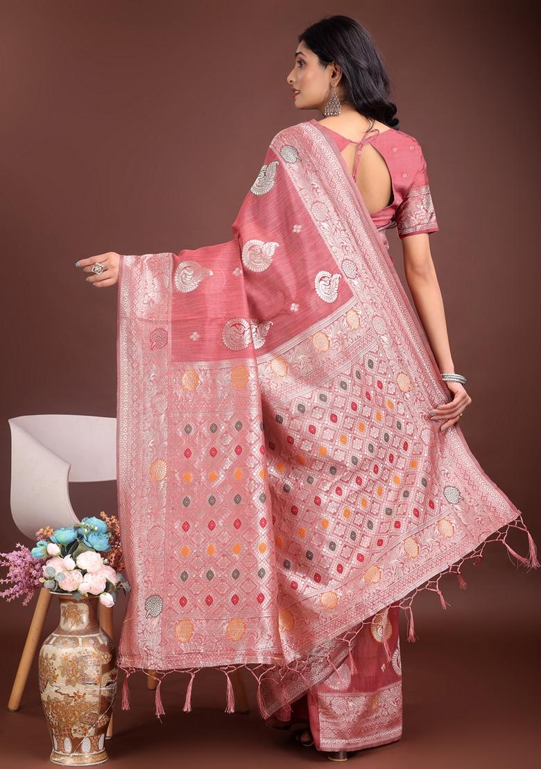 Pink Zari Work Linen Cotton Saree Set