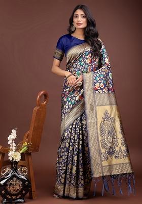 Navy Blue Zari Work Lichi Silk Saree Set