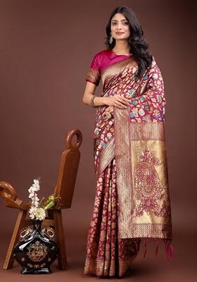 Magenta Zari Work Lichi Silk Saree Set