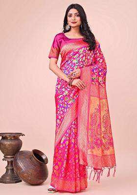 Pink Zari Work Lichi Silk Saree Set
