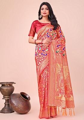 Maroon Zari Work Lichi Silk Saree Set