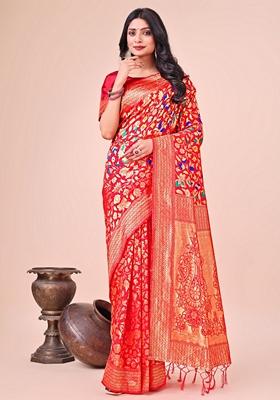 Red Zari Work Lichi Silk Saree Set
