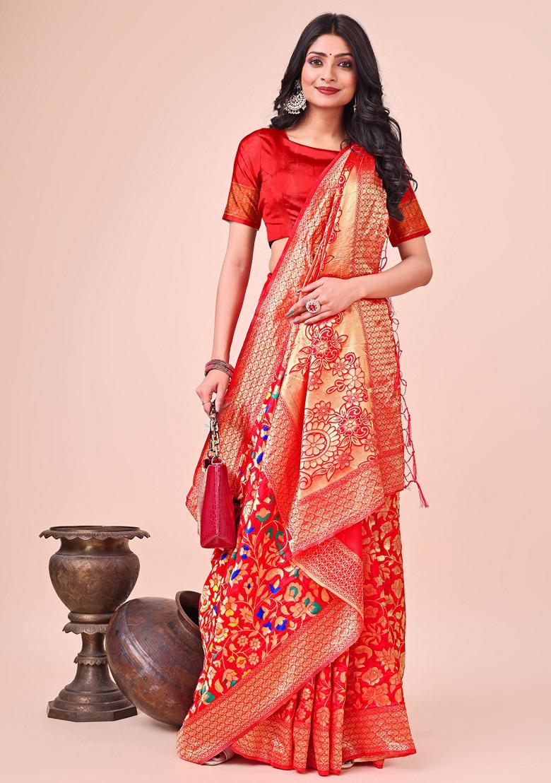 Red Zari Work Lichi Silk Saree Set