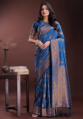 Blue Zari Work Silk Saree Set