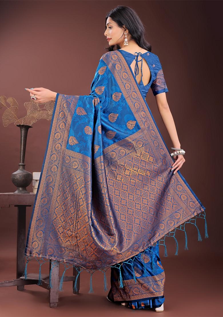 Blue Zari Work Silk Saree Set