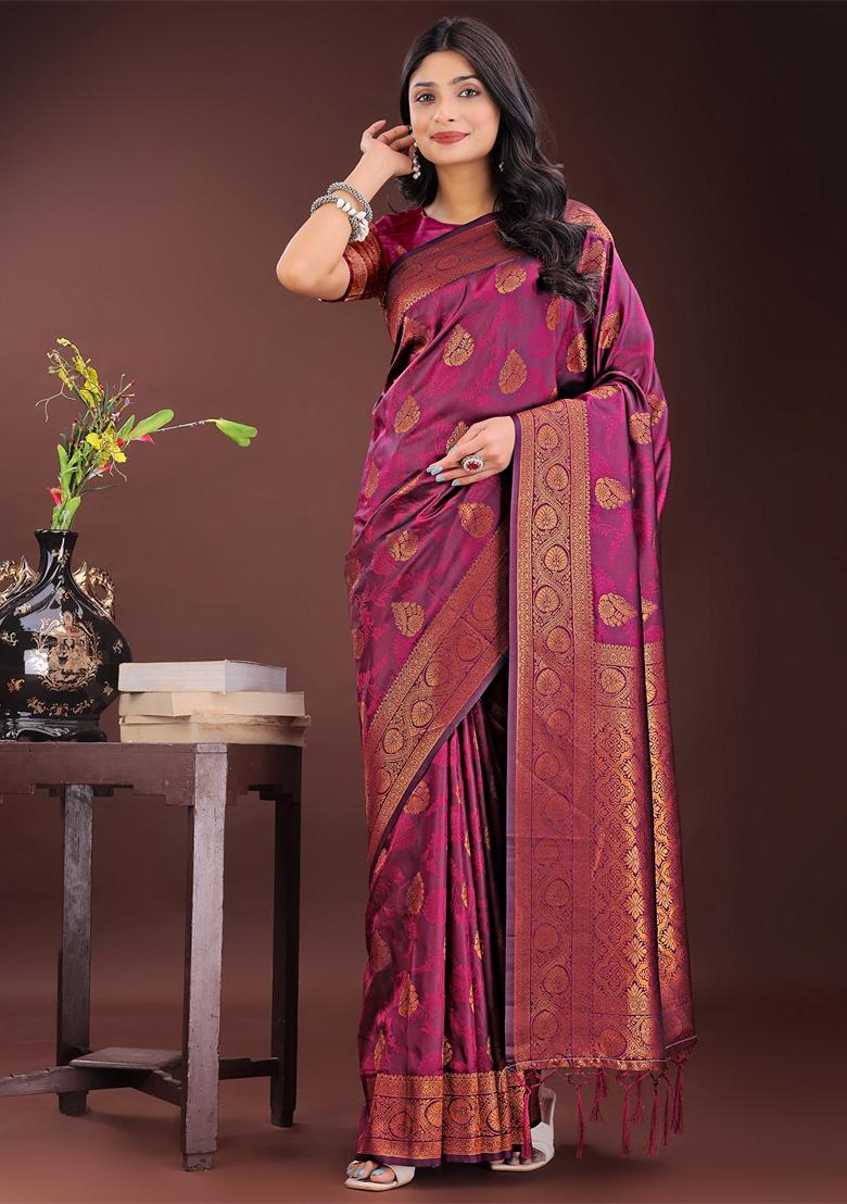 Purple Zari Work Silk Saree Set