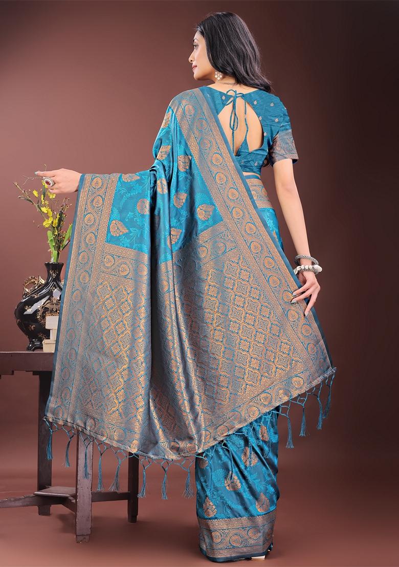 Teal Blue Zari Work Silk Saree Set