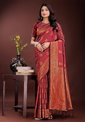 Maroon Zari Work Silk Saree Set
