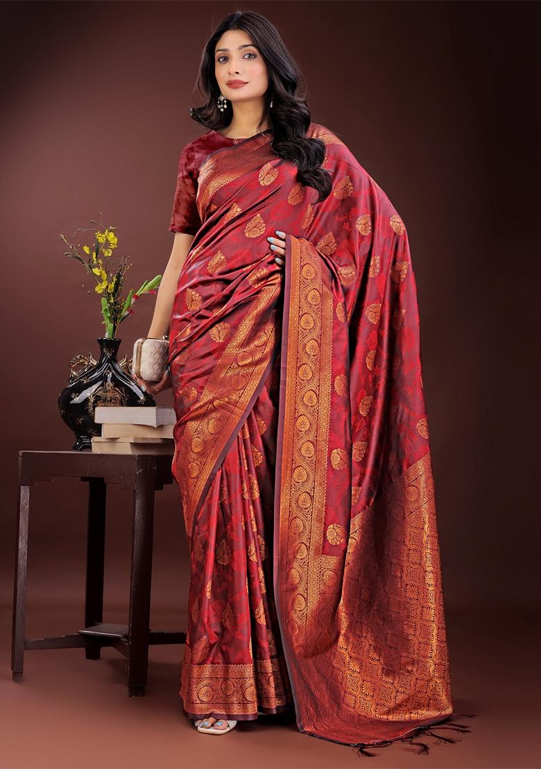 Maroon Zari Work Silk Saree Set