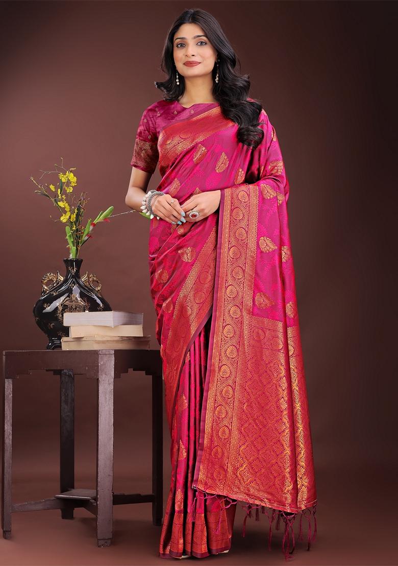 Magenta Zari Work Silk Saree Set