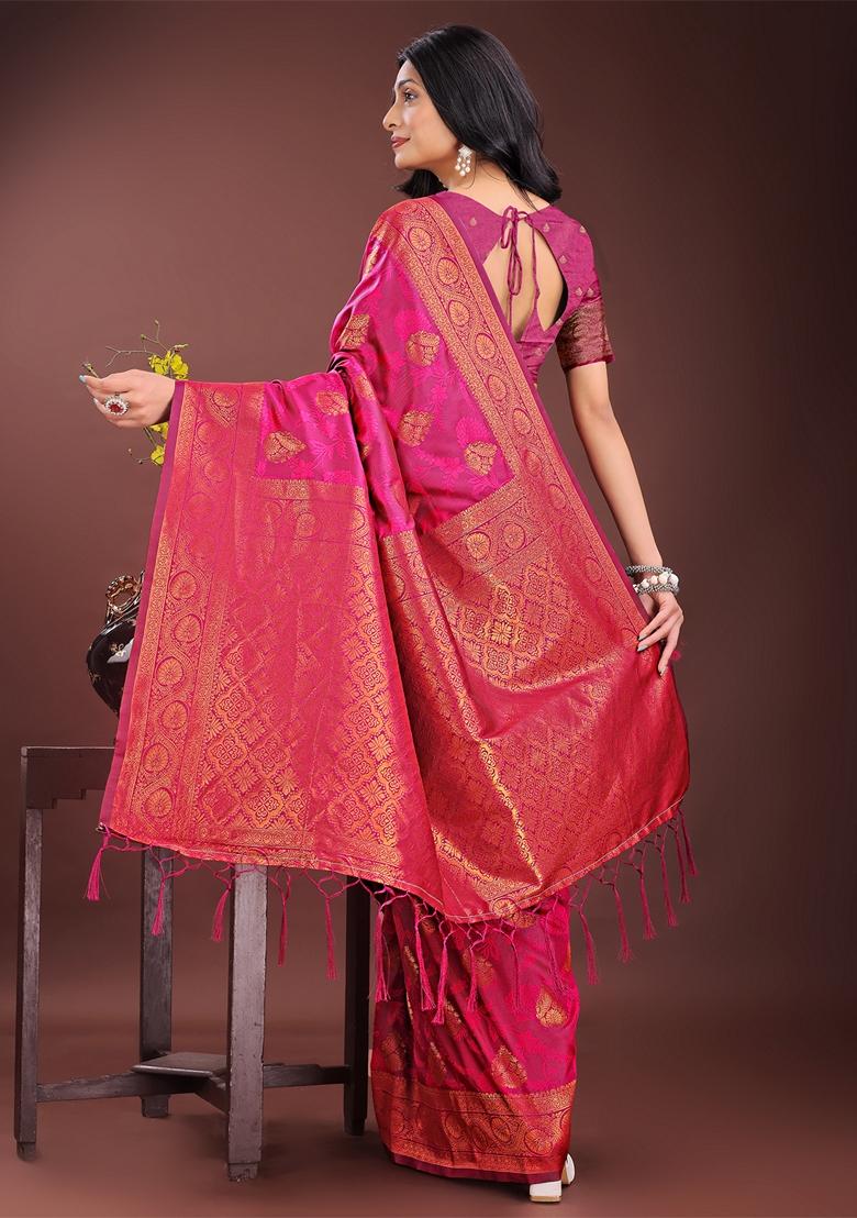 Magenta Zari Work Silk Saree Set