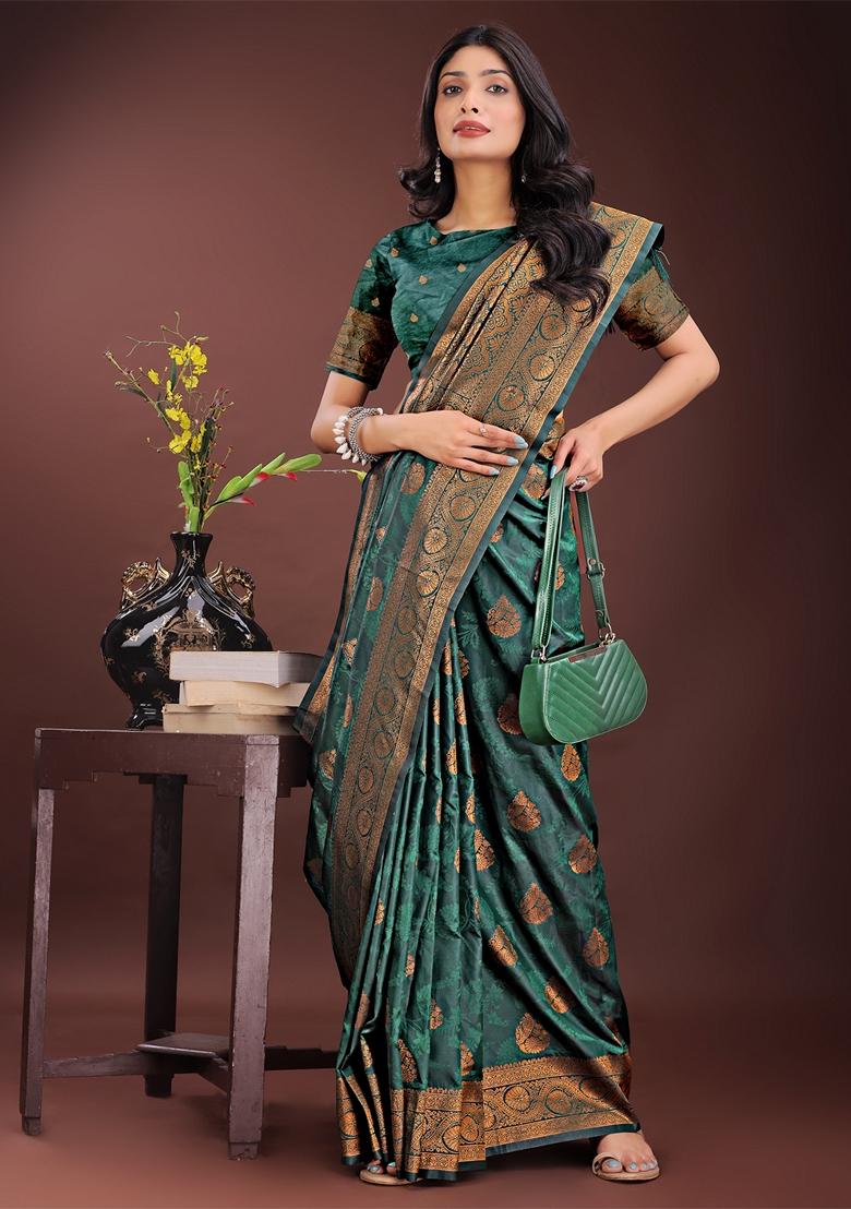 Dark Green Zari Work Silk Saree Set