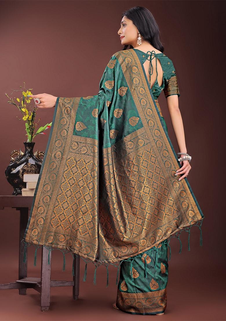 Dark Green Zari Work Silk Saree Set