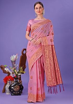 Light Pink Zari Work Linen Cotton Saree Set